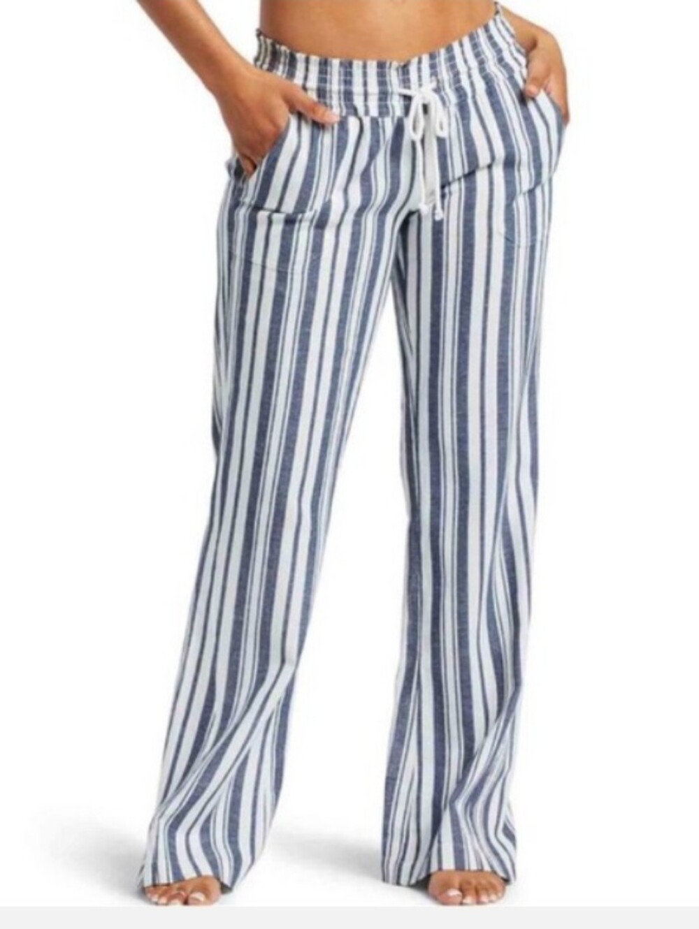 Roxy Oceanside Beach Yarn Dye Cotton Linen Blend Striped Flare Pants